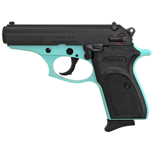 Picture of Bersa Thunder - Double Action/Single Action - Semi-automatic - Metal Frame Pistol - Compact - 380ACP - 3.5" Barrel - Alloy - Black/Robin's Egg Blue - Polymer Grips - Fixed Sights - 8 Rounds - 1 Magazine T380BLM8