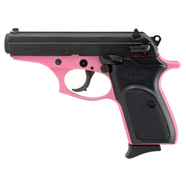 Picture of Bersa Thunder - Double Action/Single Action - Semi-automatic - Metal Frame Pistol - Compact - 380ACP - 3.5" Barrel - Alloy - Matte Finish - Black and Pink - Polymer Grips - Fixed Sights - 8 Rounds - 1 Magazine T380PNK8