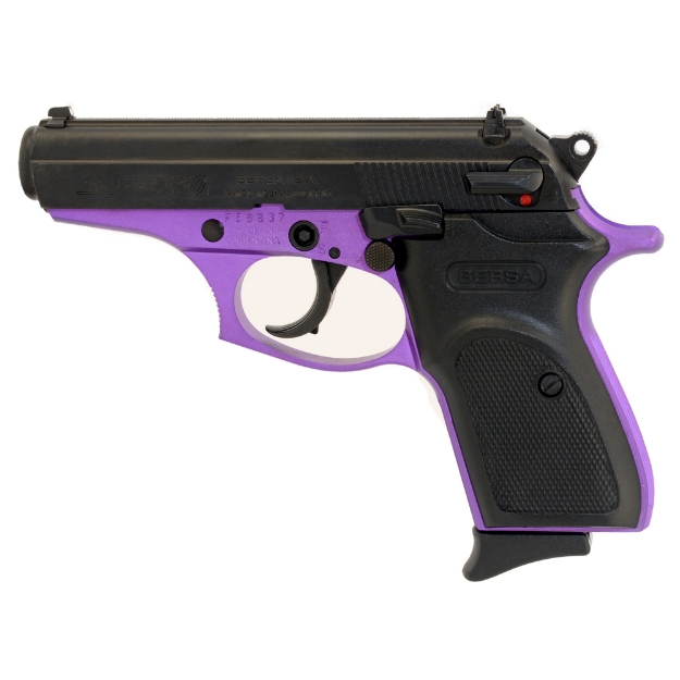 Picture of Bersa Thunder - Double Action/Single Action - Semi-automatic - Metal Frame Pistol - Compact - 380ACP - 3.5" Barrel - Alloy - Matte Finish - Black and Purple - Polymer Grips - Fixed Sights - 8 Rounds - 1 Magazine T380PRP8