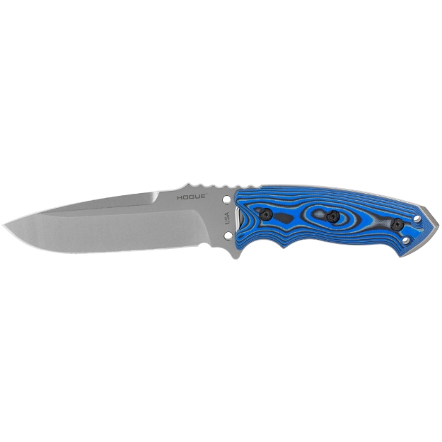 Picture of Hogue EX-F01 - 5.5" Fixed Blade - Drop Point Blade - G10 G-Mascus Blue Scales - A2 Tool Steel - Black Sheath 35173-EXLRSR