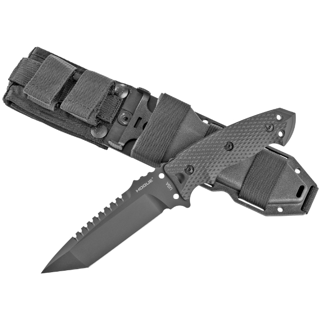 Picture of Hogue EX-F01 - Fixed Blade Knife - 5.5" Tanto Blade with Broad Rear Saw Teeth - Black Cerakote Finish - A2 Tool Steel - G10 Black Handle Includes Retention Sheath 35129