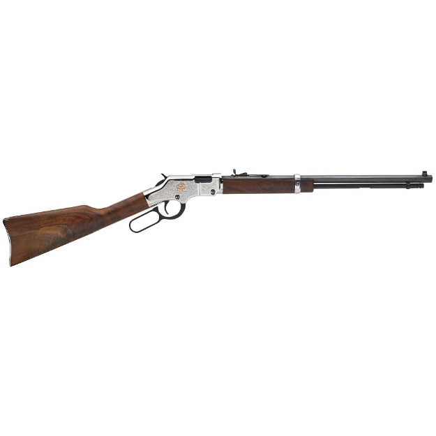 Picture of Henry Repeating Arms American Beauty Lever - 22LR - 20" Barrel - Silver Finish - Walnut Stock - 16 & 21Rd Magazines - Silver Engraved with Copper Rose H004AB