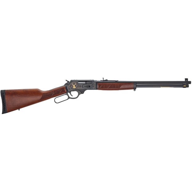 Picture of Henry Repeating Arms Steel Wildlife - Lever Action Rifle - 30-30 Winchester - 20" Round Steel Barrel - 1:12 Twist - Blued - Fancy American Walnut Stock - Black Solid Rubber Recoil Pad - Brass Bead Front Sight - Adjustable Semi-Buckhorn with Diamond Insert Rear Sight - 5 Rounds - Swivel Studs - Engraved Receiver with 24K Gold Inlay H009GWL