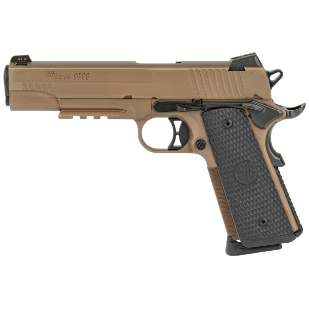 Picture of Sig Sauer 1911 - Emperor Scorpion - Single Action Only - Semi-automatic - Metal Frame Pistol - Full Size - 45 ACP - 5" Barrel - Steel - Flat Dark Earth - Black G10 Grips - SIGLITE Night Sights - Ambidextrous Thumb Safety - 8 Rounds - Accessory Rail - 2 Magazines 1911R-45-ESCPN