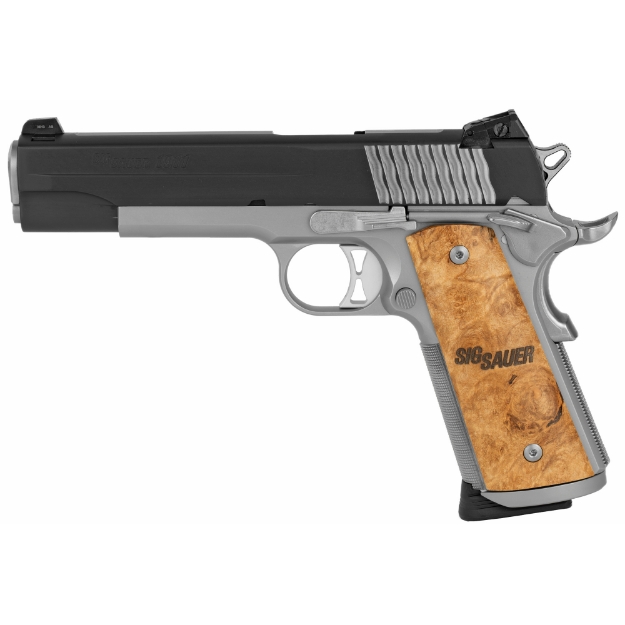 Picture of Sig Sauer 1911M - STX - Massachusetts Compliant - Single Action Only - Semi-automatic - Metal Frame Pistol - Full Size - 45 ACP - 5" Barrel - Steel - Reverse Two-Tone - Burled Maple Grips - Adjustable SIGLITE Night Sights - Ambidextrous Thumb Safety -  8 Rounds - 2 Magazines 1911M-45-STX