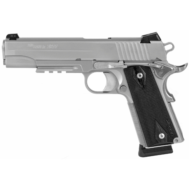Picture of Sig Sauer 1911R - California Compliant - Single Action Only - Semi-automatic - Metal Frame Pistol - Full Size - 45 ACP - 5" Barrel - Steel - Stainless Finish - Black Wood Grips - Night Sights - Manual Thumb Safety - 8 Rounds - Accessory Rail - 2 Magazines 1911R-45-SSS-CA