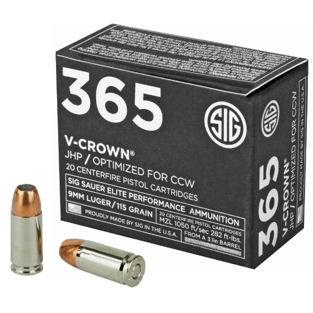 Picture of Sig Sauer Elite Performance V-Crown Ammunition - 9MM - 115 Grain - Jacketed Hollow Point - Designed for Short Barrel Pistols - Low Recoil - 20 Round Box E9MMA1-365-20