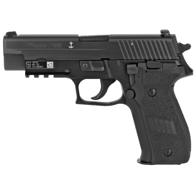 Picture of Sig Sauer P226 - MK-25 - Double Action/Single Action - Semi-automatic - Metal Frame Pistol - Full Size - 9MM - 4.4" Barrel - Alloy - Nitron Finish - Black - Polymer Grips - SIGLITE Night Sights - Decocker - 10 Rounds - Phosphate components - Engraved w/USN Anchor - 3 Magazines MK25-10
