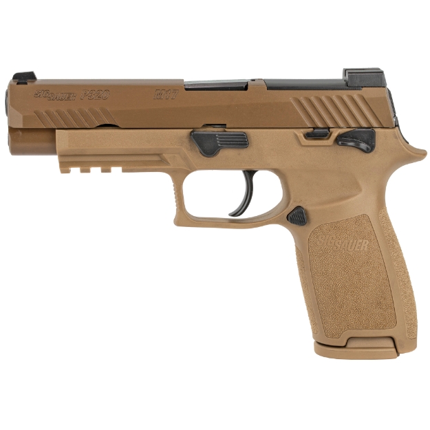 Picture of Sig Sauer P320 - M17 - Striker Fired - Semi-automatic - Polymer Frame - Full Size - 9MM - 4.7" Barrel - PVD Finish - Coyote Tan - SIGLITE Night Sights - Manual Thumb Safety - Optics Ready - 3 Magazines - (1) 17-Round and (2) 21-Round 320F-9-M17-MS