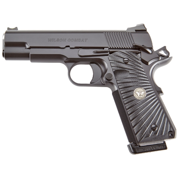 Picture of Wilson Combat CQB Commander - 1911 - Semi-automatic - Metal Frame Pistol - Commander Size - 45 ACP - 4.25" Barrel - Steel Frame - Armor Tuff Finish - Black - G10 Starburst Grips - Fiber Optic Front Sight and Rear Battlesight - Ambidextrous Thumb Safety - 8 Rounds - (2) 47D 8-Round Magazines COM-PR-45A