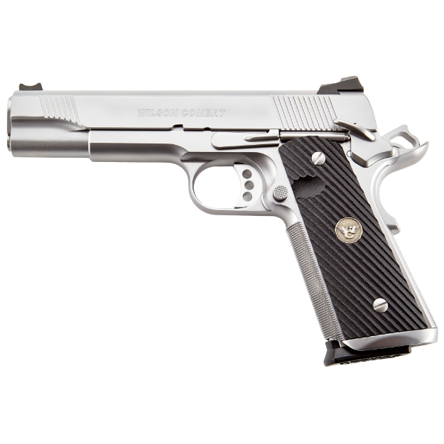Picture of Wilson Combat CQB Elite - 1911 - Semi-automatic - Metal Frame Pistol - Full Size - 45 ACP - 5" Barrel - Stainless Steel Frame - Glass Bead Blasted Finish - Silver - G10 Diagonal Flat Bottom Grips - Fiber Optic Front Sight and Rear Battlesight - Thumb Safety - 8 Rounds - (2) 500 8-Round Magazines CQBE-FS-45-SS