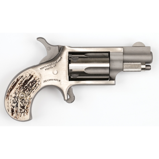 Picture of North American Arms Mini Revolver - Single Action - Revolver - 22LR - 1.125" Barrel - Matte Finish - Stainless Steel - Silver - Red/Black Wood Grips - Fixed Sights - 5 Rounds NAA-22LR-GRB