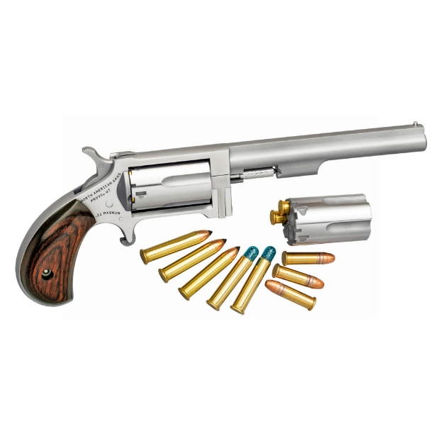 Picture of North American Arms The Earl - Single Action - Revolver - 22 WMR - 4" Barrel - Matte Finish - Stainless Steel - Silver - Wood Grips - Fixed Sights - 5 Rounds NAA-1860-4