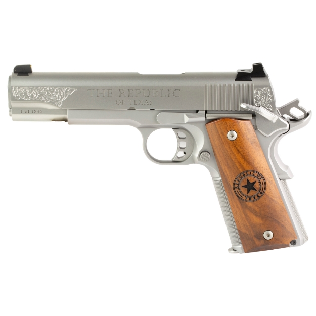 Picture of Tisas 1911 - Republic of Texas - Single Action Only - Semi-automatic - Metal Frame Pistol - Full Size - 45 ACP - 5" Barrel - Stainless Steel Frame - Silver - Texas Start G10 Grips - Novak Style Sights - 8 Rounds - 2 Magazines 10100514