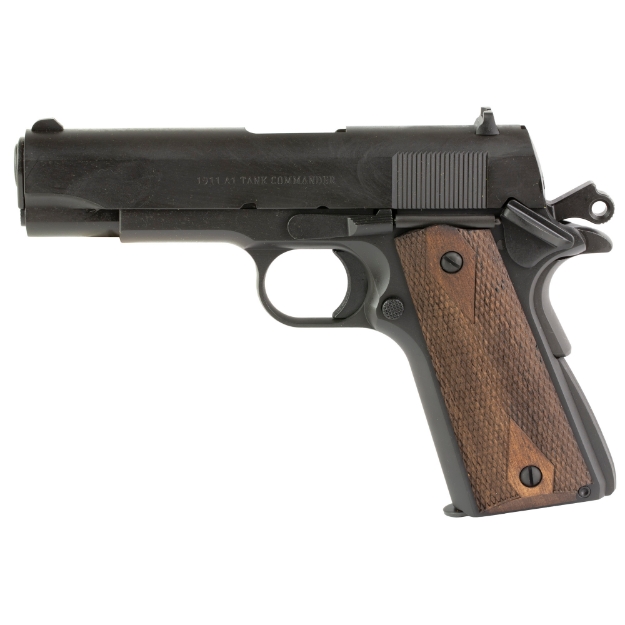 Picture of Tisas 1911A1 - Tank Commander - Single Action Only - Semi-automatic - Metal Frame Pistol - Commander - 45 ACP - 4.25" Barrel - Carbon Steel Frame - Cerakote Finish - Black - Checkered Wood Grips - Novak Style 3-Dot Sights - 7 Rounds - 2 Magazines 10100114