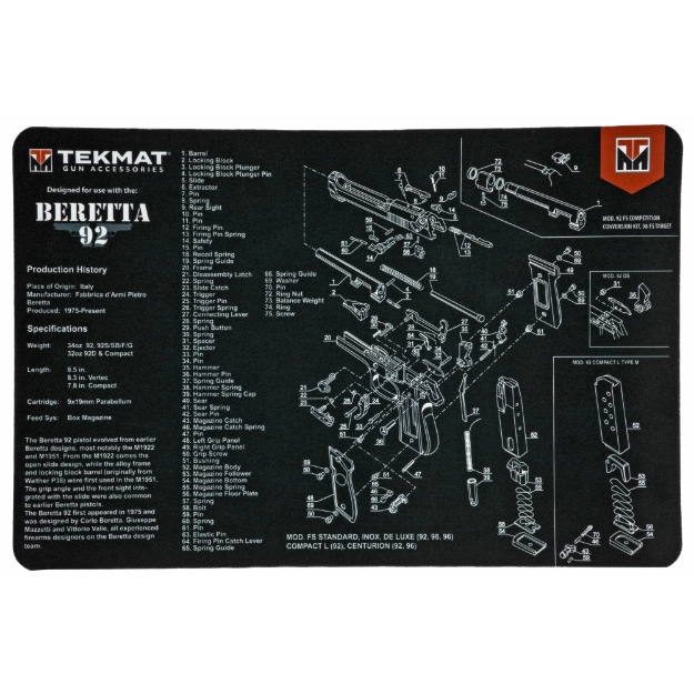 Picture of TekMat Beretta 92 Pistol Mat - 11"x17" - Black - Includes Small Microfiber TekTowel - Packed in Tube TEK-R17-BER92