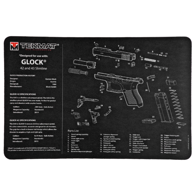 Picture of TekMat Pistol Mat For Glock 42/43 - 11"x17" - Black - Includes Small Microfiber TekTowel - Packed In Tube TEK-R17-GLOCK-42-43