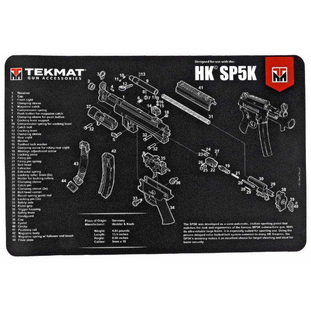 Picture of TekMat Pistol Mat For Heckler & Koch SP5K - 11"x17" - Black - Includes Small Microfiber TekTowel - Packed In Tube TEK-R17-HK-SP5K