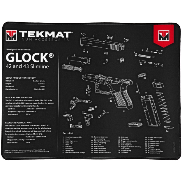 Picture of TekMat Ultra Mat - For Glock 42/43 - Cleaning Mat - Thermoplastic Surface Protects Gun From Scratching - 1/4" Thick - 15"X20" - Tube Packaging - Black TEK-R20-GLOCK-42-43