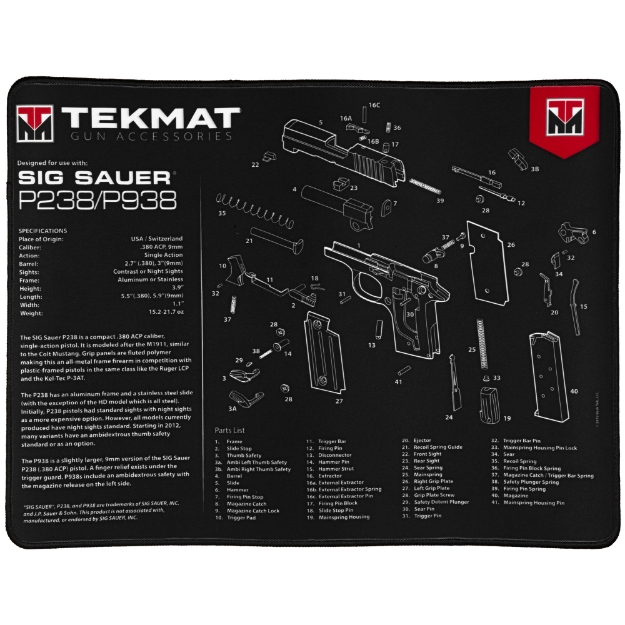 Picture of TekMat Ultra Mat - Sig Sauer P238 - Cleaning Mat - Thermoplastic Surface Protects Gun From Scratching - 1/4" Thick - 15"X20" - Tube Packaging - Black TEK-R20-SIGP238