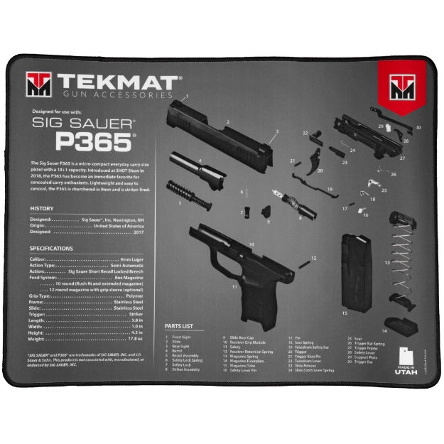 Picture of TekMat Ultra Mat - Sig Sauer P365 - Cleaning Mat - Thermoplastic Surface Protects Gun From Scratching - 1/4" Thick - 15"X20" - Tube Packaging - Black TEK-R20-SIGP365