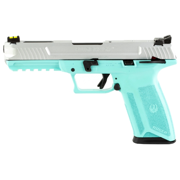 Picture of Ruger 57 - TALO Edition - Double Action - Semi-automatic - Polymer Frame Pistol - Full Size - 5.7X28MM - 4.94" Barrel - Turquoise Frame - Silver Slide - Fiber Optic Front and Adjustable Rear Sights - Ambidextrous Manual Safety - 20 Rounds - 2 Magazines - Ambidextrous 16406