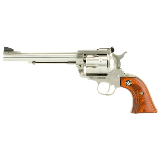 Picture of Ruger Blackhawk - Single Action - Revolver - 357 Magnum - 6.5" Barrel - Stainless Steel - Satin Finish - Silver - Hardwood Grips - Ramp Front and Adjustable Rear Sights - 6 Rounds 00319