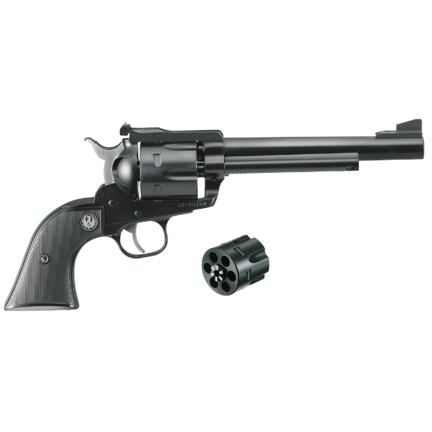 Picture of Ruger Blackhawk Convertible - Single Action - Revolver - 357 Magnum/9MM - 6.5" Barrel - Alloy Steel - Blued Finish - Black Checkered Hard Rubber Grips - Ramp Front and Adjustable Rear Sights - 6 Rounds - Includes 9MM Luger Cylinder 00318