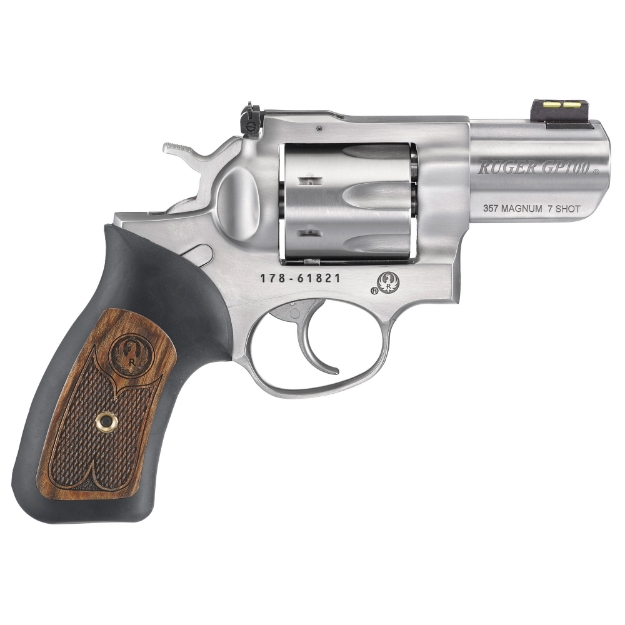 Picture of Ruger GP100 - Double Action - Revolver - 357 Magnum - 2.5" Barrel - Stainless Steel - Satin Finish - Silver - Rubber Grips with Wood Inlay - Fiber Optic Front and Adjustable Rear Sights - 7 Rounds 01774