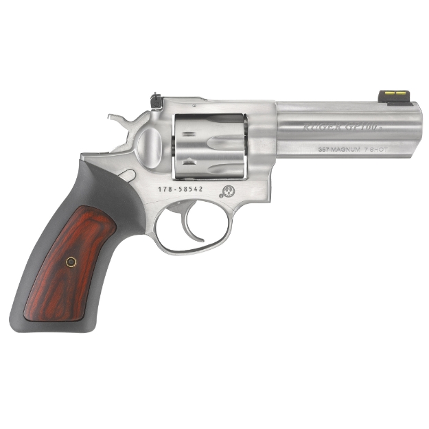 Picture of Ruger GP100 - Double Action - Revolver - 357 Magnum - 4.2" Barrel - Stainless Steel - Satin Finish - Silver - Rubber Grips with Wood Inlay - Fiber Optic Front and Adjustable Rear Sights - 7 Rounds 01771