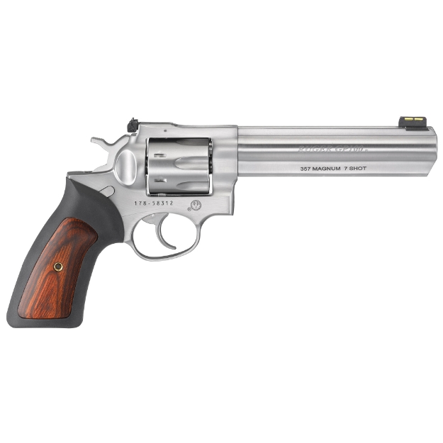 Picture of Ruger GP100 - Double Action - Revolver - 357 Magnum - 6" Barrel - Stainless Steel - Satin Finish - Silver - Rubber Grips with Wood Inlay - Fiber Optic Front and Adjustable Rear Sights - 7 Rounds 01773