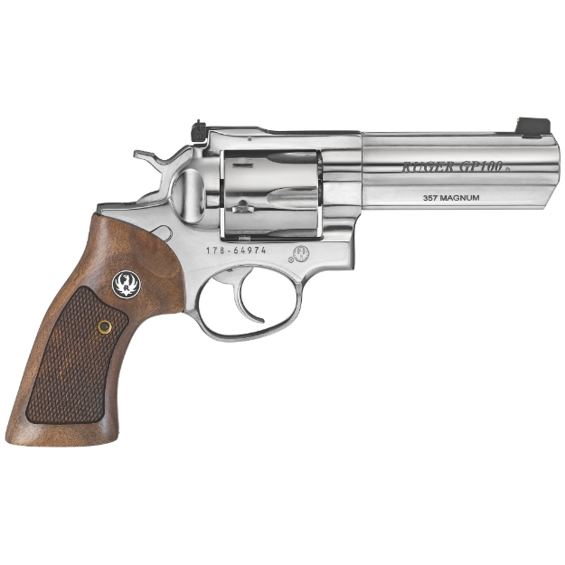 Picture of Ruger GP100 - TALO Edition - Double Action - Revolver - 357 Magnum - 4.2" Barrel - Steel - High Polish Finish - Silver - Hardwood Grips - Gold Bead Front and Adjustable Rear Sights - 6 Rounds 01777
