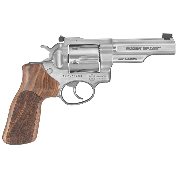 Picture of Ruger GP100 Match Champion - Double Action - Revolver - 357 Magnum - 4.2" Barrel - Stainless Steel - Satin Finish - Silver - Hogue Stippled Hardwood Grips - Fiber Optic Front and Adjustable Rear Sights - 6 Rounds 01755