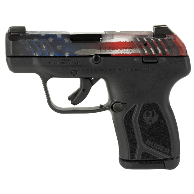 Picture of Ruger LCP MAX - Double Action Only - Semi-automatic - Polymer Frame Pistol - Compact - 380ACP - 2.8" Barrel - Cerakote Finish - Red White and Blue Flag - Black Frame - Tritium Front Sight with White Outline and Drift Adjustable Rear Sight - Integrated Trigger Safety - 10 Rounds - 1 Magazine - Includes Soft Pocket Holster and Magazine Loader 13745