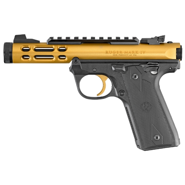 Picture of Ruger Mark IV - 22/45 Lite - Single Action - Semi-automatic - Polymer Frame Pistol - 22LR - 4.4" Threaded Barrel - Anodized Finish - Gold - Checkered Grips - Adjustable Rear Sight - Ambidextrous Safety - 10 Rounds - 2 Magazines 43926