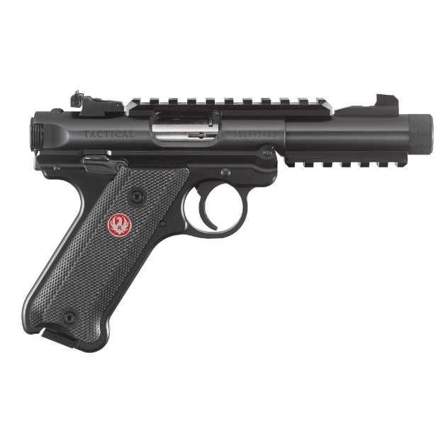 Picture of Ruger Mark IV - Tactical - Single Action - Semi-automatic - Metal Frame Pistol - Full Size - 22LR - 4.4" Barrel - Threaded Barrel - Alloy - Blued Finish - Checkered Grips - Adjustable Rear Sight - 10 Rounds - 2 Magazines - Picatinny Rails on Top and Bottom of Barrel 40150