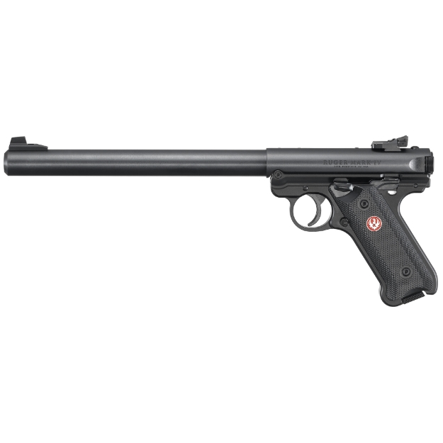 Picture of Ruger Mark IV - Target - Single Action - Semi-automatic - Metal Frame Pistol - 22LR - 10" Bull Barrel - Aluminum - Blued Finish - Checkered Synthetic Grips - Adjustable Rear Sight - Ambidextrous Safety - 10 Rounds - 2 Magazines 40173