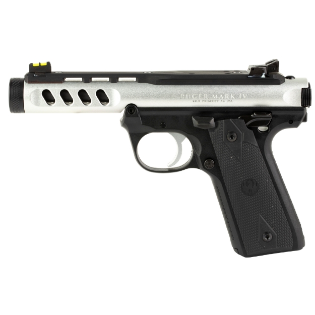 Picture of Ruger Mark IV 22/45 - Semi-Automatic Pistol - Polymer Frame - Single Action - 22 LR - 4.4" Threaded Barrel - 1/2x28 - Clear Anodized Finish - Black Frame - Optic Ready Shield RMSc Mount - Checkered 1911 Grips - Co-witness Fiber Optic Sights - Ambidextrous Safety - 10 Rounds - 2 Magazines 43949