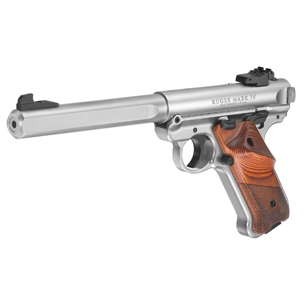 Picture of Ruger Mark IV Competition - Single Action - Semi-automatic - Metal Frame Pistol - Full Size - 22LR - 6.9" Barrel - Slab Side Bull Barrel - Stainless Steel - Satin Stainless Finish - Checkered Laminate Grips with Thumbrest - Adjustable Rear Sight - 10 Rounds - 2 Magazines 40112