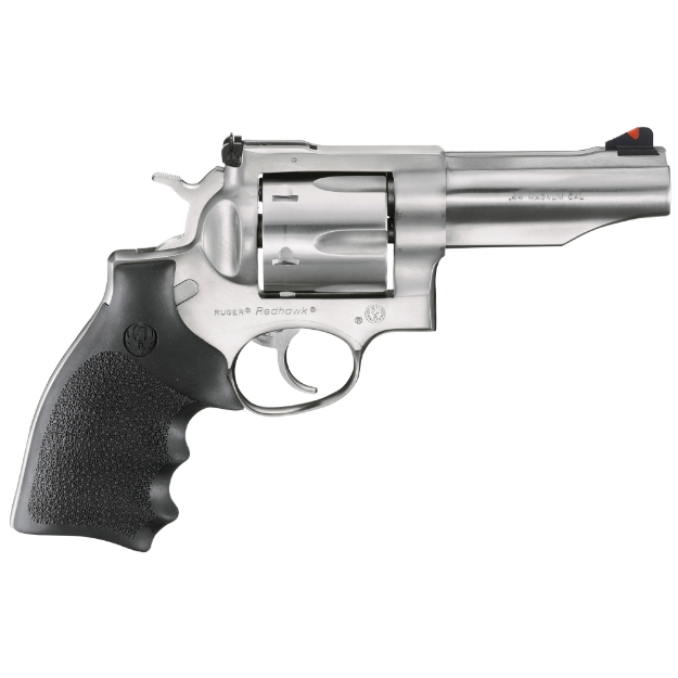 Picture of Ruger Redhawk - Double Action - Revolver - 44 Magnum - 4.2" Barrel - Sleeve and Shroud Barrel - Stainless Steel - Satin Finish - Silver - Black Rubber Hogue Grips - Adjustable Rear & Ramp Front Sight - 6 Rounds - KRH-444 05044