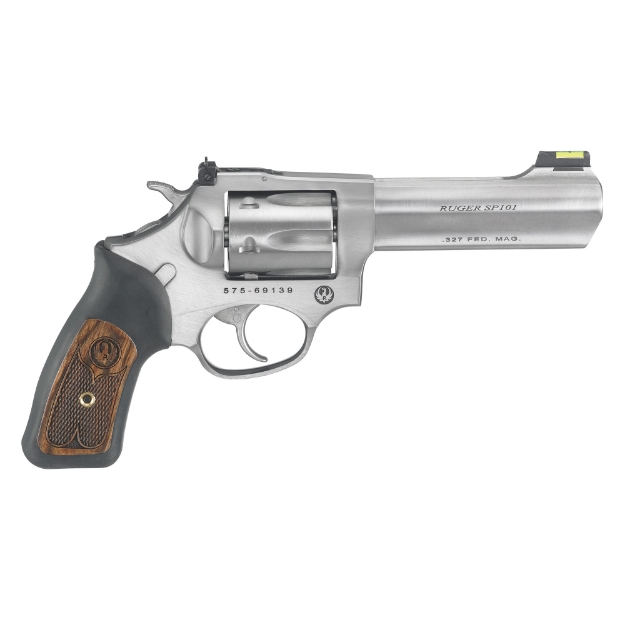 Picture of Ruger SP101 - Double Action - Revolver - Small Frame - 327 Federal Magnum - 4.2" Barrel - Stainless Steel - Satin Finish - Silver - Rubber Grips with Wood Inlay - Fiber Optic Front and Adjustable Rear Sights - 6 Rounds 05773