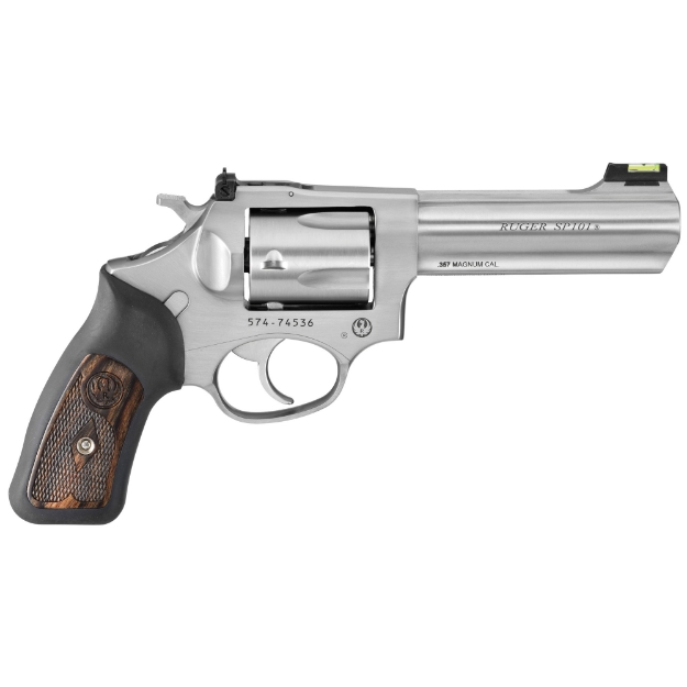 Picture of Ruger SP101 - Double Action - Revolver - Small Frame - 357 Magnum - 4.2" Barrel - Stainless Steel - Satin Finish - Silver - Rubber Grips with Wood Inlay - Fiber Optic Front and Adjustable Rear Sights - 5 Rounds - KSP-341X 05771