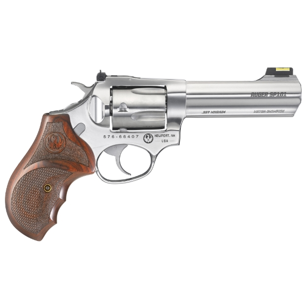 Picture of Ruger SP101 Match Champion - Double Action - Revolver - Small Frame - 357 Magnum - 4.2" Barrel - Full Lug Barrel - Stainless Steel - Gloss Stainless Finish - Altamont Stippled/Checkered Hardwood Grips - Fiber Optic Front and Adjustable Rear Sights - 5 Rounds 05782