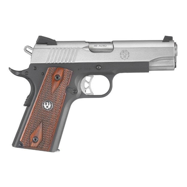 Picture of Ruger SR1911 - 1911 - Semi-automatic - Metal Frame Pistol - Commander - 45 ACP - 4.25" Barrel - Aluminum - Anodized Frame and Low-Glare Stainless Slide - Black and Silver - Hardwood Grips - Drift Adjustable Novak 3 Dot Sights - 7 Rounds 06711