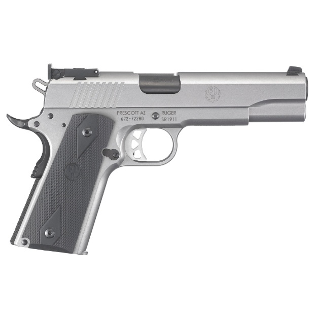 Picture of Ruger SR1911 - 1911 - Semi-automatic - Metal Frame Pistol - Full Size - 10MM - 5" Barrel - Bushingless Stainless Steel Bull Barrel - Stainless Steel - Matte Finish - Silver - Black Rubber Grips - Adjustable Target Sights - Extended Thumb Safety - 8 Rounds - 2 Magazines - Right Hand 06739