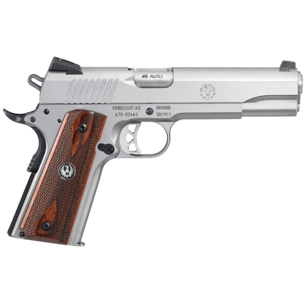 Picture of Ruger SR1911 - 1911 - Semi-automatic - Metal Frame Pistol - Full Size - 45 ACP - 5" Barrel - Stainless Steel - Low-Glare Stainless Finish - Hardwood Grips - Drift Adjustable Novak 3 Dot Sights - 8 Rounds 06700