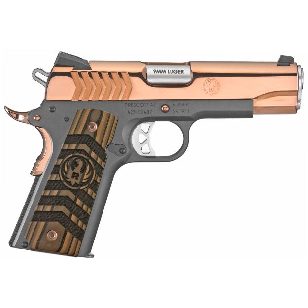 Picture of Ruger SR1911 - TALO Edition - Single Action - Semi-automatic - Metal Frame Pistol - Commander - 9MM - 4.25" Barrel - Stainless Steel - PVD and Black Nitride Finish - Rose Gold and Black - Brown Chevron Laminate Grips - Novak Fixed Sights - Manual Safety - 9 Rounds 06768