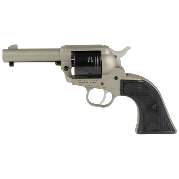 Picture of Ruger Wrangler - Single Action Only - Revolver - 22LR - 3.75" Barrel - Aluminum Alloy Frame - Cerakote Finish - Silver - Black Synthetic Grips - Integral Notch Rear Sight/Blade Front Sight - Transfer Bar Safety - 6 Rounds 2053