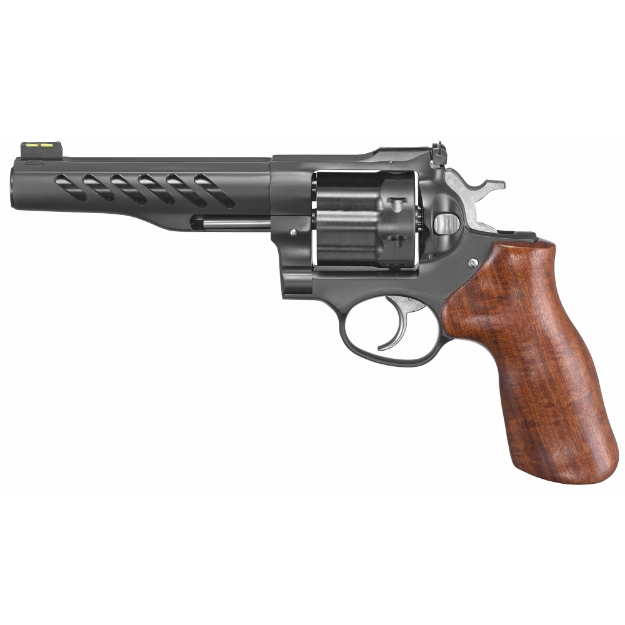 Picture of Ruger Super GP100 - Double Action - Revolver - 357 Magnum - 5.5" Barrel - Cold Hammer Forged Barrel - Stainless Steel - PVD Coated Finish - Black - Hogue Hardwood Grip - Fiber Optic Front and Adjustable Rear Sights - 8 Rounds - 3 Moon Clips 05065