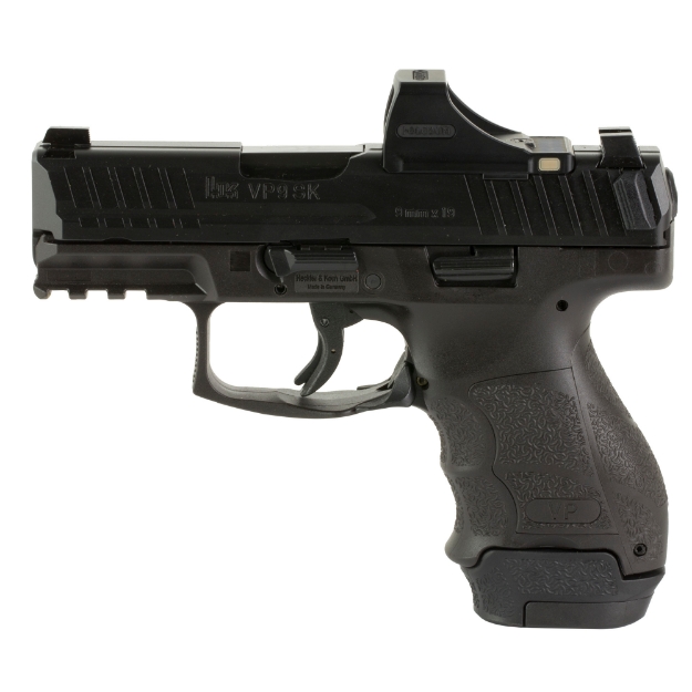 Picture of HK VP9SK - Striker Fired - Semi-automatic - Polymer Frame Pistol - Sub-Compact - 9MM - 3.39" Barrel - Matte Finish - Black - 3 Dot Sights - Optic Ready - Paddle Magazine Release - 15 Rounds - 2 Magazines - (1)-15 Rounds and (1)-12 Rounds - Includes Holosun SCS Optic 81000804